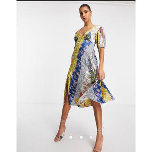 Women's ASOS DESIGN Patchwork Floral Midi Dress US 10 Yellow Blue
